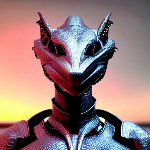 Image similar to close up bust shot, realistic detailed stunning beautiful armored anthropomorphic humanoid robot female dragon, doing an elegant pose, looking to the side, sleek streamlined armor and design, sharp claws, Slick LEDs, standing on two legs, on the beach during sunset, high quality, cinematic art, sunset lighting, artstation, deviantart, furaffinity