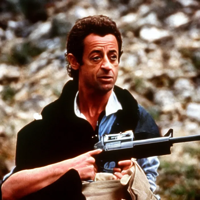 Prompt: very detailed 70s movie still of Nicolas Sarkozy shooting glock, dirty bloody clothes, cinestill 800t 10mm 4k, grainy picture