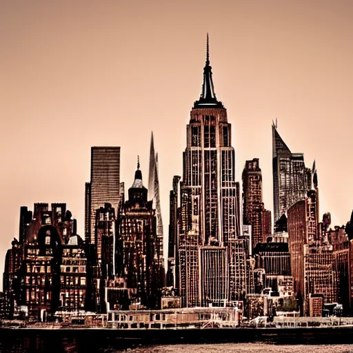 Image similar to new york skyline with gothic architecture, very details