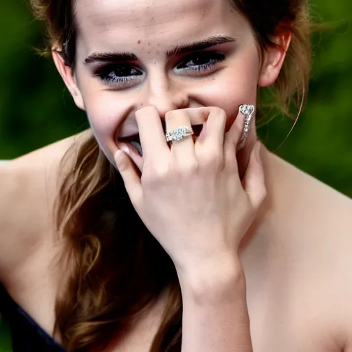 Image similar to A photo of laugh emma watson showing wedding ring on his finger. 50 mm. perfect ring. award winning photography