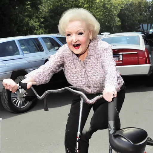 Image similar to betty white riding a unicycle