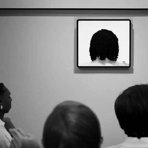 Prompt: art curator looking at a screen with a chat interface, recursive, in the style of grand chamaco and stanley kubrick, inspired by kendrick lamar, photorealistic, epic, super technical, cinematic still