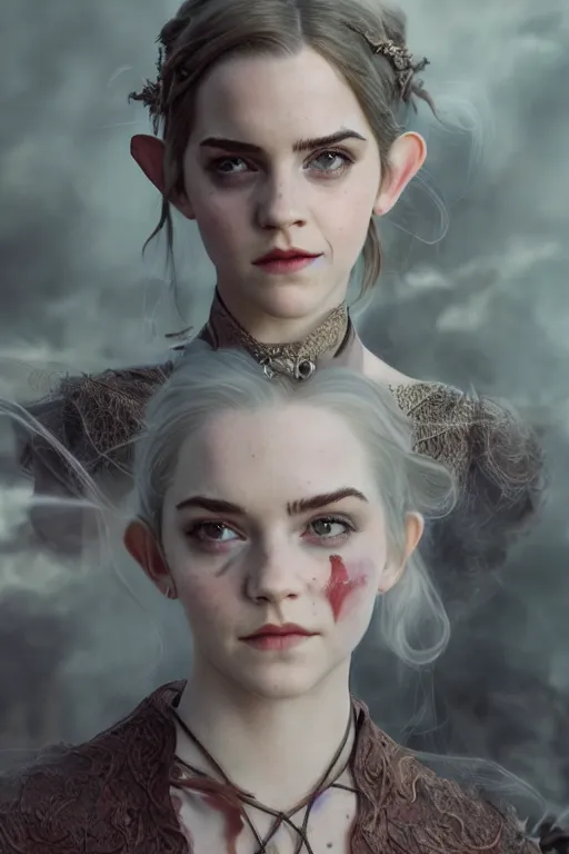 Prompt: a mix of of emma watson, anya taylor - joy and emma stone, evil sorceress elf, game of thrones scenes, hyperrealism, octane render, extremely detailed, intricate smoke magic, lace, style of mark ryden, earl nore, hyung tae, frank frazetta