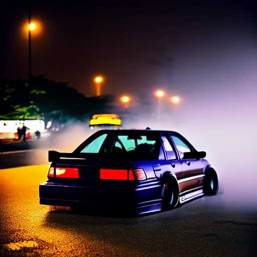 Image similar to a car JZX100 turbo drift at illegal car meet, Sibuya prefecture, city midnight mist lights, cinematic color, photorealistic, highly detailed wheels, 200MM