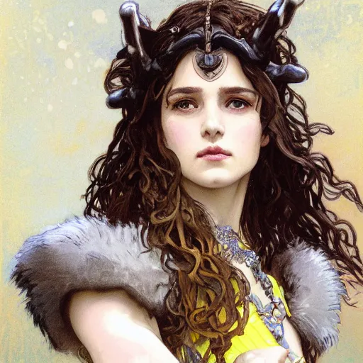 Prompt: portrait of a beautiful young fit barbarian princess with curly hairs, glasses, wearing a fur armor, luminous scene, by elmore, greg rutkowski and alphonse mucha, d & d character, gradient white to yellow, in front of a ruined temple background, highly detailed portrait, digital painting, artstation, concept art, smooth, sharp focus ilustration, artstation hq