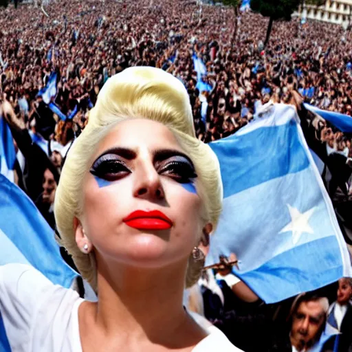 Image similar to Lady Gaga as Evita, Argentina presidential rally, Argentine flags behind, bokeh, epic photo, detailed face, Argentina