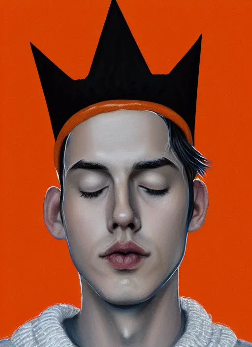 Image similar to portrait of teenage jughead jones wearing a light grey crown, symmetrical crown, sweater with picture of hamburger, eyes closed, crown, black hair, orange, intricate, elegant, glowing lights, warm lighting, highly detailed, digital painting, artstation, concept art, smooth, sharp focus, illustration, art by wlop, mars ravelo and greg rutkowski