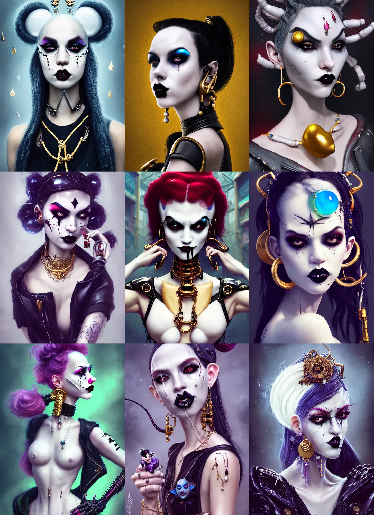 Prompt: disney 8 k photo, beautiful shiny white porcelain rich grand pearlescent goth edc devilgirl clownpunk cyborg college woman, giant earrings, streetwear, golden ratio, sci fi, fantasy, cyberpunk, intricate, decadent, highly detailed, digital painting, octane render, artstation, concept art, smooth, sharp focus, illustration, art by loish, wlop