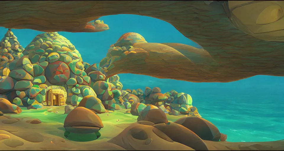 Image similar to giant abalone - shaped seashell house in the ocean by roger deakins, bill sienckiwicz, in the style of zelda windwaker, triadic color scheme, cell shading, 3 d