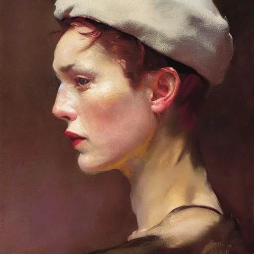 Image similar to stunning masterful portrait of a striking European pale woman with short pink hair wearing a black French beret and high cheek bones by Andrew Wyeth, John Singer Sargent, and Norman Rockwell, natural light, oil painting, ethereal, earth tones, strong brushwork