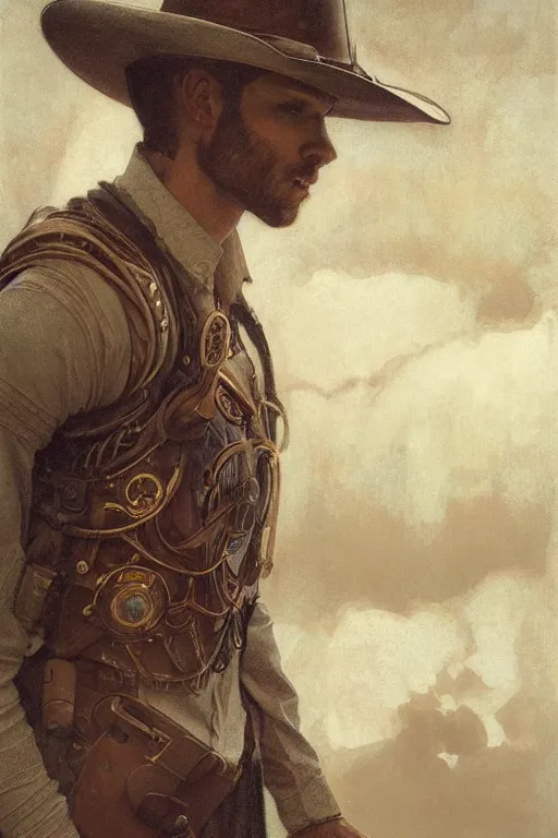 Prompt: a dramatic ethereal epic symmetrical painting of a handsome cowboy in a palladium outfit | tarot card, art deco, art nouveau, (steampunk), homoerotic, realistic | by Greg Rutkowski, by Mark Maggiori and ((((Alphonse Mucha))) | trending on artstation