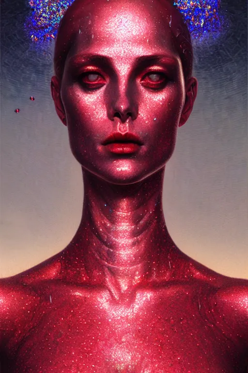 Prompt: pearlescent red lilith! the mother of all monsters!!, covered in iridescent glitter!!, raining ash, fine art masterpiece, highly detailed dino valls wayne barlowe machiej kuciara, dramatic lighting, long shot, side angle, uhd 8 k, sharp focus