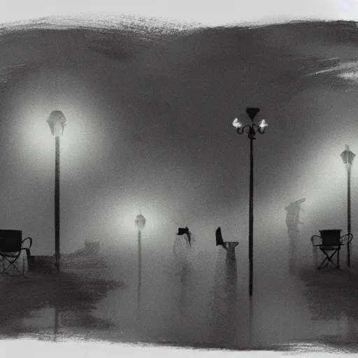 Prompt: a nightcafe in scotland, chairs in the rain, the full moon shining, people dancing, soaked by the rain + misty night, eerie presence, concept art