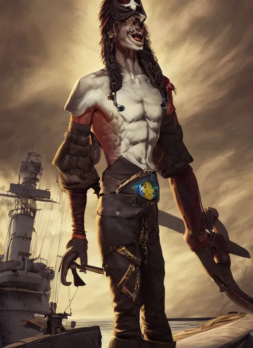 Image similar to An epic fantasy comic book style portrait painting of a skinny white bald sky-pirate with a goofy expression sitting in front of a ship's cannon, unreal 5, DAZ, hyperrealistic, octane render, cosplay, RPG portrait, dynamic lighting