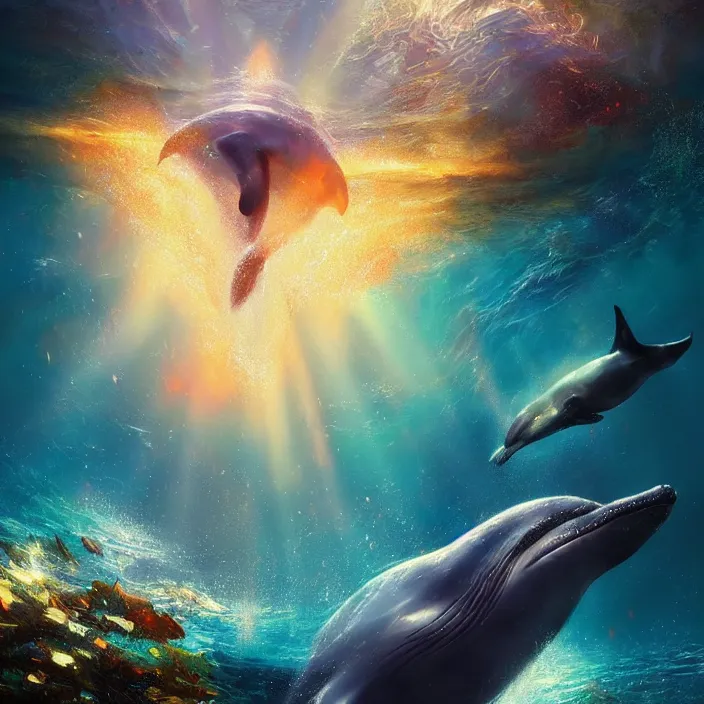Image similar to glimmering whale splash, dolphins, golden hour, god rays, coral reef, dreamscape by artgerm and ruan jia and ismail inceoglu and greg olsen, cosmos, milky way galaxy, masterpiece, beautiful, intricate, elegant, highly detailed