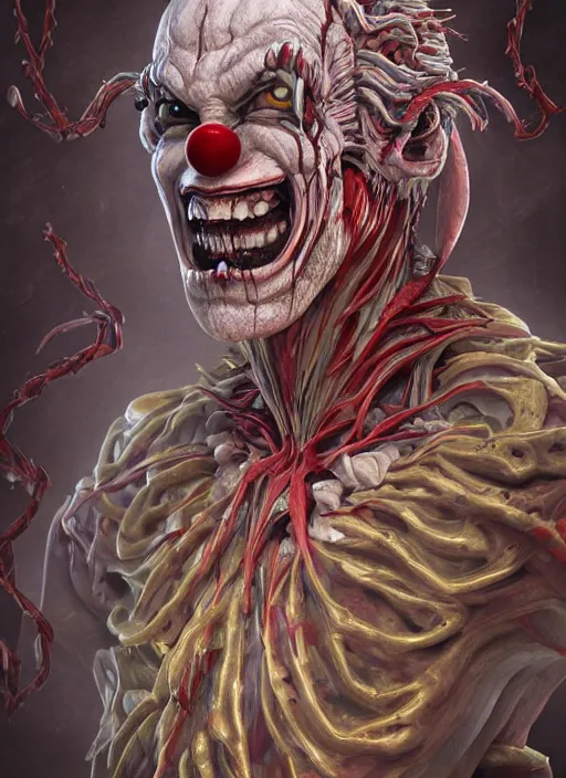 Image similar to evil horror clown, monster anatomy, ross tran, vivid colors, anatomical, highly detailed sculpture, intricate detailed, ommatidia, 8 k, cinematic atmosphere, post - processing