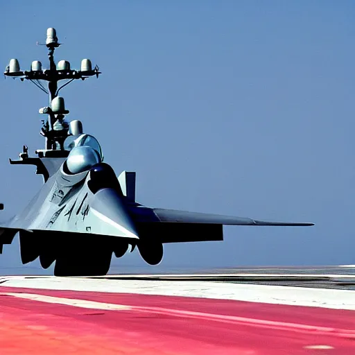 Prompt: f 1 4 tomcat launching off of an aircraft carrier at high speeds, realistic, battleship, ocean, fighter jet.