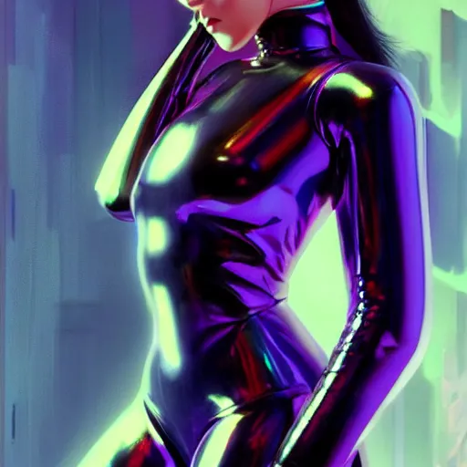 Prompt: A portrait of a cybernetic girl in shiny latex fashion catsuit. streaming on her Computer, trending on artstation, digital art, by Stanley Artgerm Lau, WLOP, Rossdraws, James Jean, Andrei Riabovitchev, Marc Simonetti, Yoshitaka Amano