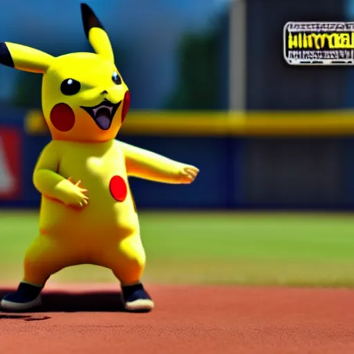 Image similar to live action shot of a baseball game with pikachu up for bat, highly detailed, extremely high quality, hd, 4 k, 8 k, canon 3 0 0 mm, professional photographer, 4 0 mp, lifelike, top - rated, award winning, realistic, detailed lighting, detailed shadows, sharp, no blur, edited, corrected, trending