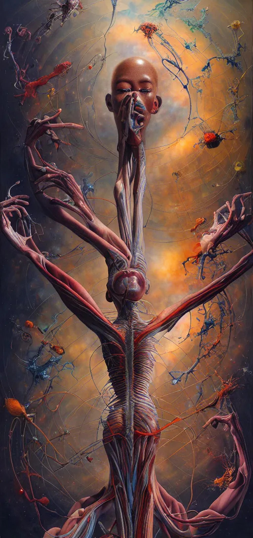 Image similar to a tall, fleshy anatomical figure with extra limbs, hovering in the air, zero gravity, neurons firing, rich colours, karol bak, mark brooks, hauntingly surreal, highly detailed painting by katsuhiro otomo, part by james jean, part by adrian ghenie, part by gerhard richter, soft light 4 k