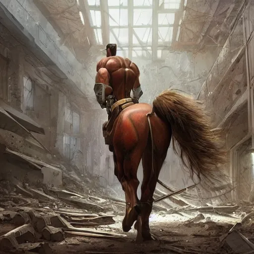 Image similar to a hyper - muscular anthropomorphized horse wearing a tactical bodysuit standing in the ruins of a facility, equine, highly detailed, digital painting, artstation, sharp focus, concept art, illustration, art by artgerm, greg rutkowski, makoto shinkai