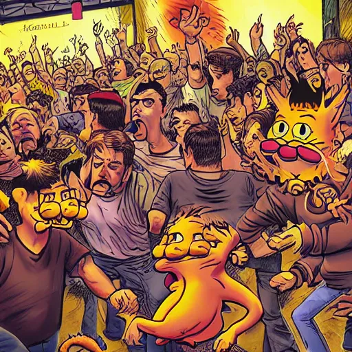 Prompt: hyper realistic garfield moshing at a hardcore punk show, detailed, photography