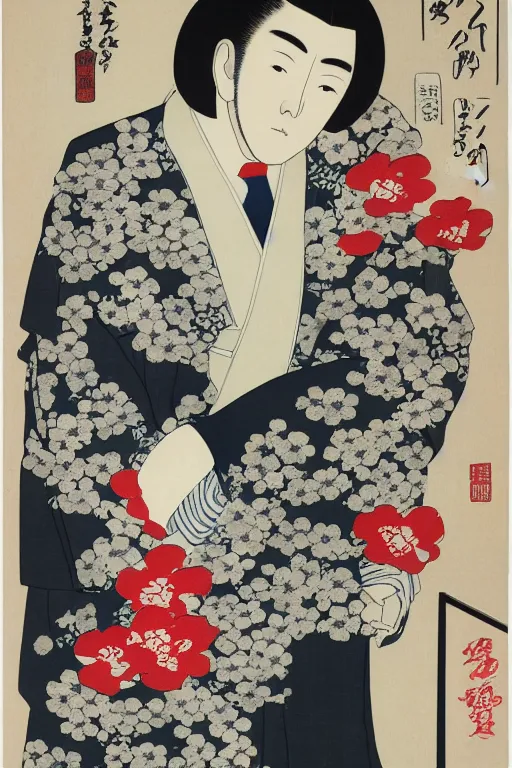 Prompt: A Japanese artwork of a man wearing a white floral suit, with many flowers in a stylistic manner