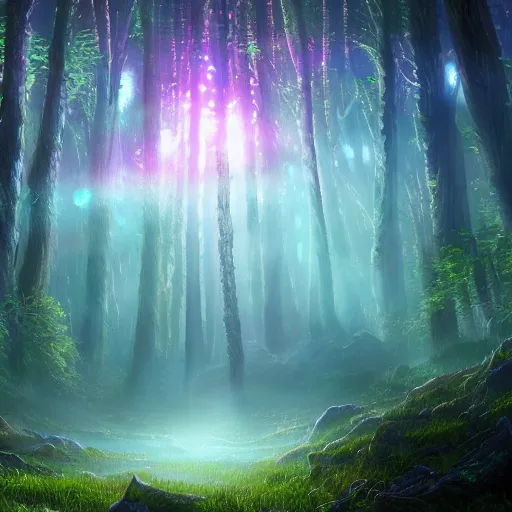 Prompt: detailed fantasy painting of a boreal ethereal mana forest full of glowing magical orbs floating into the sky at dawn ultra realistic , lens flare, atmosphere, glow, detailed, intricate, full of colour, cinematic lighting, trending on artstation, 4k, hyperrealistic, focused, extreme details, cinematic, masterpiece