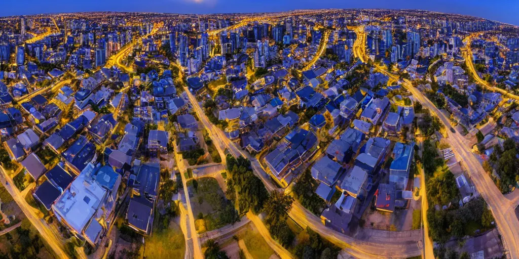 Image similar to Night view of suburb streets and residential apartment buildings in the distance. 3d spherical panorama with 360 viewing angle ready for virtual reality or vr. full equirectangular projection. low angle eye level view
