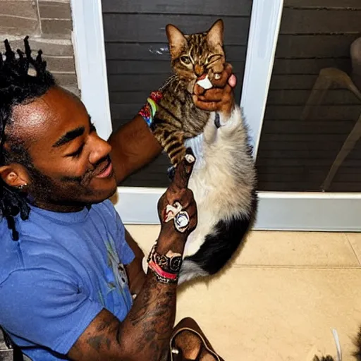 Image similar to lil uzi vert feeding a cat