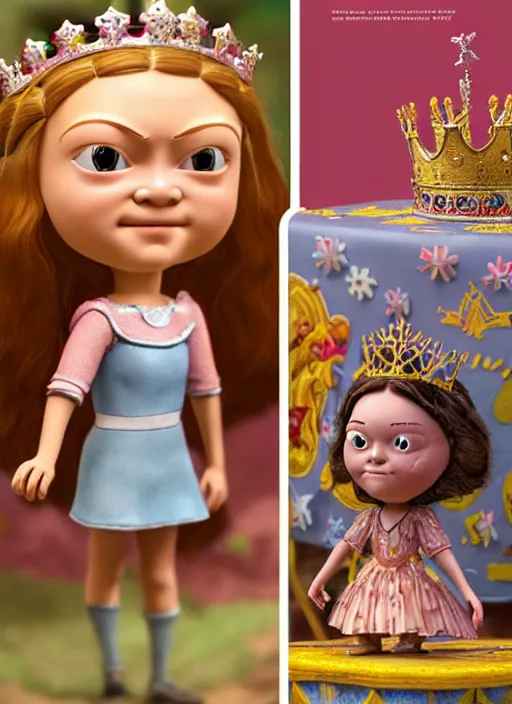 Image similar to highly detailed closeup, face profile portrait of greta thunberg as a tin toy fairytale princess wearing a crown eating cakes, bikini, unreal engine, nicoletta ceccoli, mark ryden, earl norem, lostfish, global illumination, detailed and intricate environment