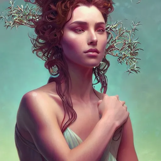 Image similar to surreal beautiful young woman, detailed gorgeous face turning into a tree, leaves, sad eyes, vaporwave aesthetic, synthwave , digital painting, artstation, concept art, smooth, sharp focus, illustration, art by artgerm and greg rutkowski and alphonse mucha