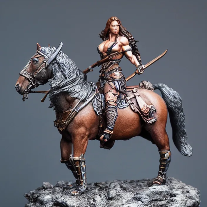 Image similar to 80mm resin detailed miniature of a Muscular Woman warrior with a Horse, Product Introduction Photos, 4K, Full body, simple background