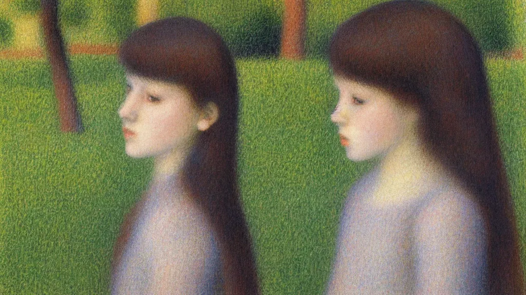 Prompt: A decent young girl portrait by Georges Seurat.