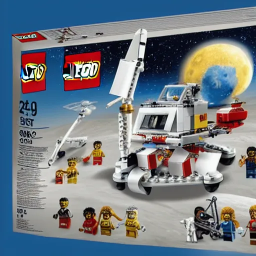 Prompt: Box art for a LEGO set of a film set of the moon landing