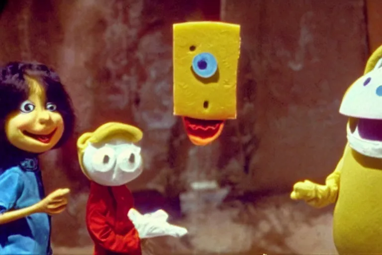 Prompt: a color still from a weird 1972 kids tv show where a sad cheese puppet and a motorcycle ghost play in a jug band