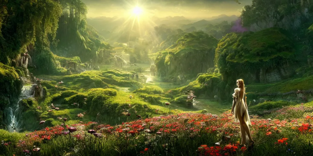 Image similar to an elegant winged fairy in the lord of the rings scenery landscape, looking out at a vast lush valley flowers and homes made of mushrooms, stream, sunrise, god's rays highly detailed, vivid color, cinematic lighting, perfect composition, 8 k, gustave dore, derek zabrocki, greg rutkowski, belsinski, octane render