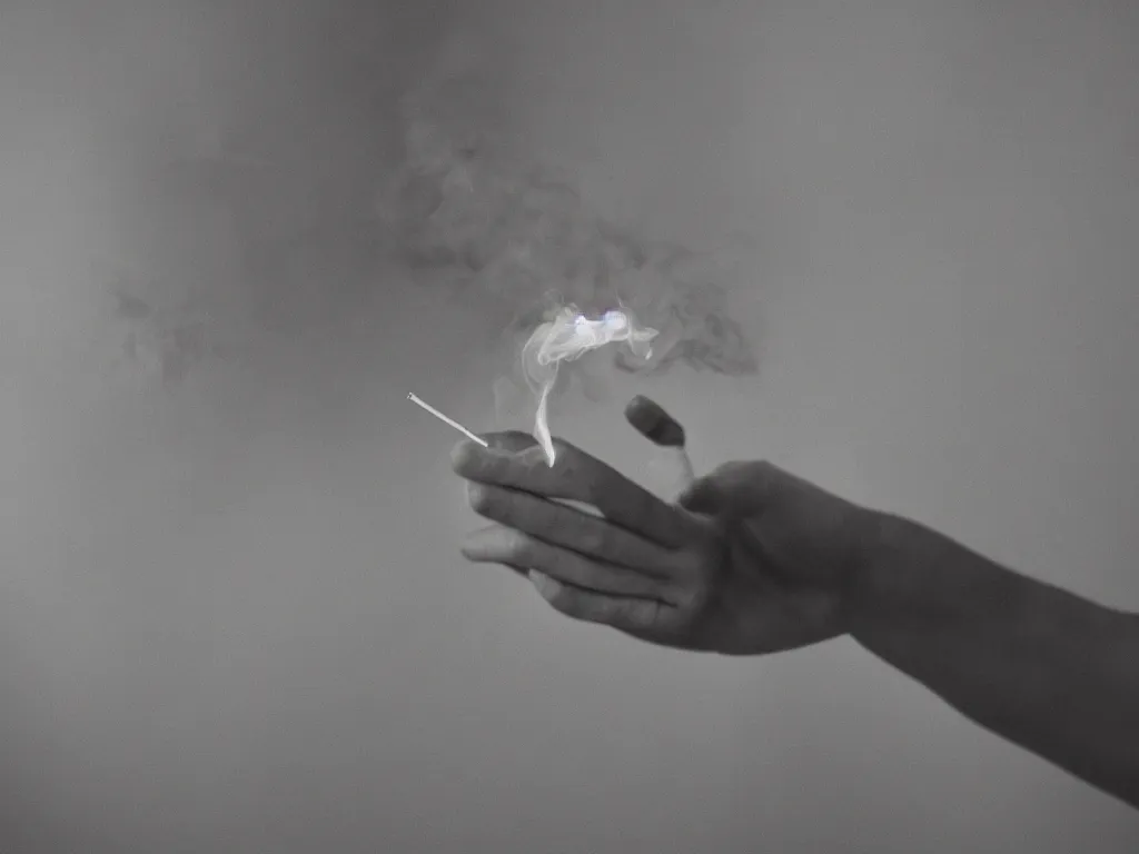 Prompt: Close-up view of hyperrealistic elegant thin soft hand holding cigarette with smoke, hyper realistic photo, 4K