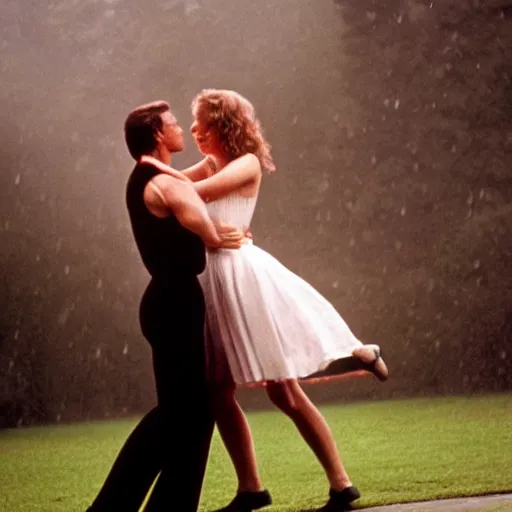 Image similar to dirty dancing poster with young arnold schwarzenegger dancing with jennifer lawrence in the rain, beautiful white wet dress, 5 0 mm cinema shot, beautiful light, best lense, 9 0 s romantic movie, 4 k