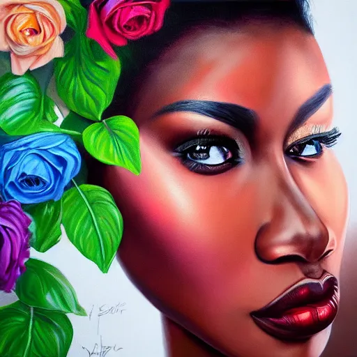 Image similar to super realistic painting of a black woman combined with flowers, colorful, highly detailed, 4k, trending on artstation