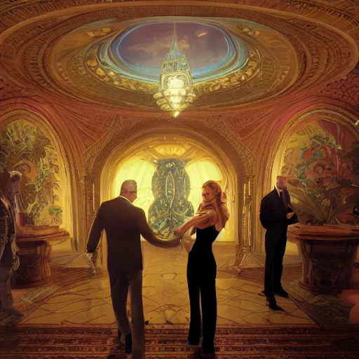 Prompt: a photograph of fbi agents visiting mar - a - lago, cinematic, volumetric lighting, f 8 aperture, cinematic eastman 5 3 8 4 film, photorealistic by greg rutkowski, by stanley artgerm, by alphonse mucha