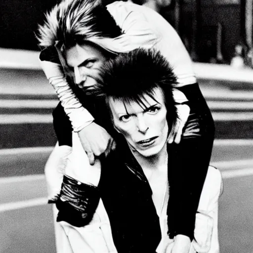 Image similar to david bowie getting a piggy back ride from ziggy stardust