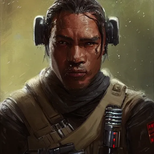 Prompt: portrait of a man by greg rutkowski, arlen fett, samoan features, short black hair, strong and tall, star wars expanded universe, he is about 3 0 years old, wearing tactical gear, digital painting, artstation, concept art, smooth, sharp foccus ilustration, artstation hq