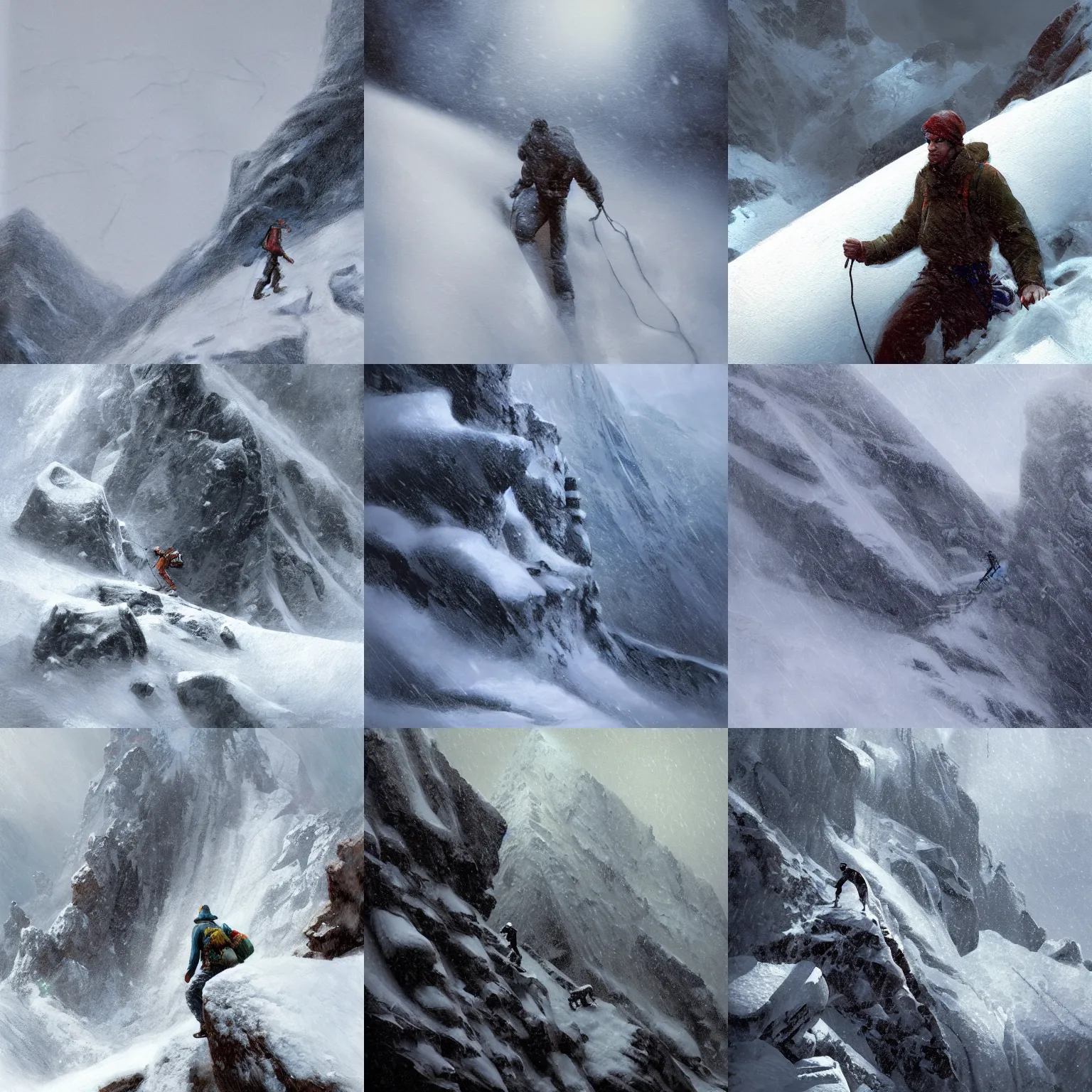 Prompt: a climber climbs a snowy mountain in a storm close view, painting by craig mullins, octane rendering, soft morning lighting, wide angle lens