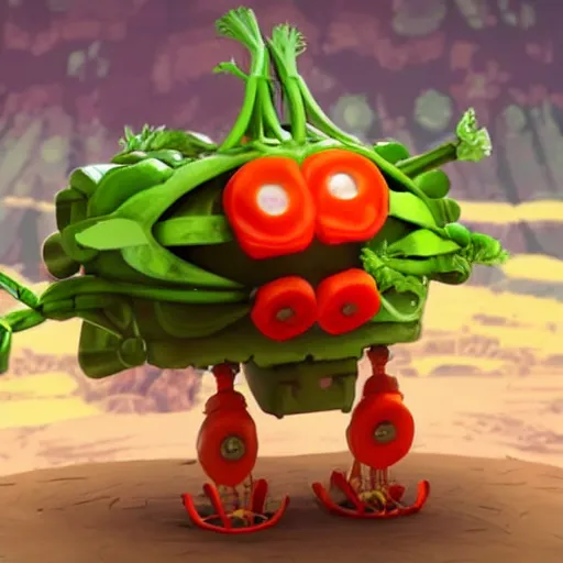 Prompt: robot made of vegetables with big tomato head and a carrot sword, made in abyss style