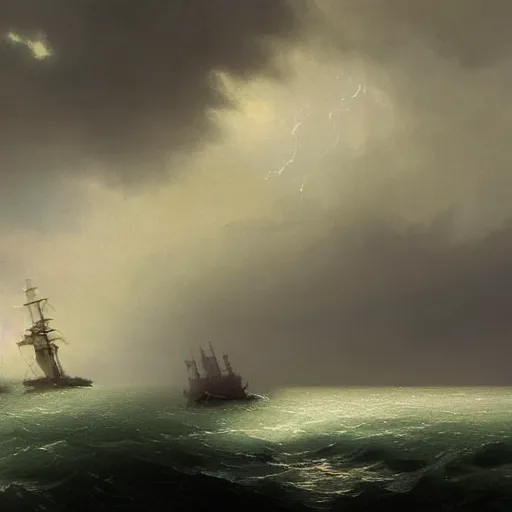 Image similar to a lonely ship drifting amongst the thunder clouds , fog and heavy storm concept art in style of Ivan Aivazovsky