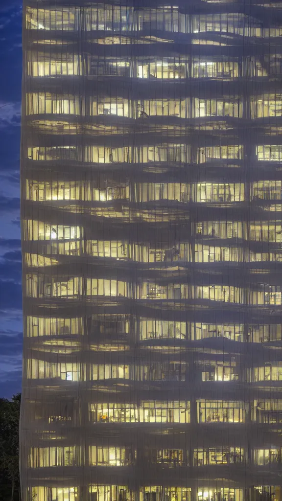 Prompt: hyperrealistic night photo of a futuristic timber clad building in a urban setting. the building has many balconies with hanging plants and large windows. parts of the building are wrapped in billowing fabric tarps. the fabric tarps are translucent mesh with large holes for balconies and windows. the fabric hangs from metal scaffolding. 8 k