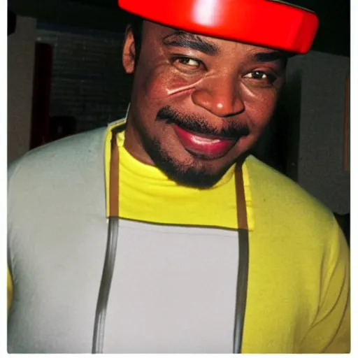 Image similar to Geordi La Forge wearing visor and a colander and random kitchen tools on his head