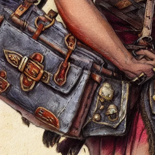 Image similar to close-up of medieval bags attached to belt, small bags made of cotton, detail, fantasy, style of Frank Frazetta, concept art, trending on artstation, Dungeon and Dragons