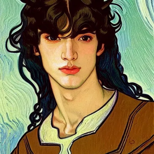 Prompt: portrait painting of young handsome beautiful paladin elf!! man with long! wavy dark hair in his 2 0 s named taehyung minjun james at the blueberry party, wearing armor!, gorgeous hair, elf ears, blueish eyes, icy eyes, elegant, cute, delicate, soft facial features, art by alphonse mucha, vincent van gogh, egon schiele,